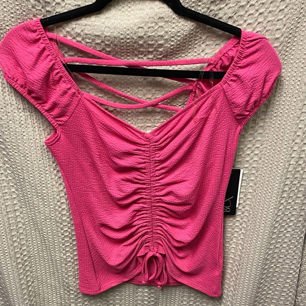 BCX Hot Pink Ruched Short Sleeve Crop Top with Crisscross Back